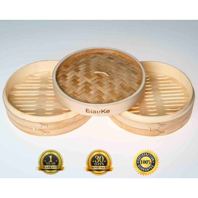 2-Tier Bamboo Steamer for Cooking Dumplings, Vegetables, Meat, Fish, Rice - Bamboo Steamer Basket 10 Inch with 2 Pairs Chopsticks, Tongs and 50 Paper Liners