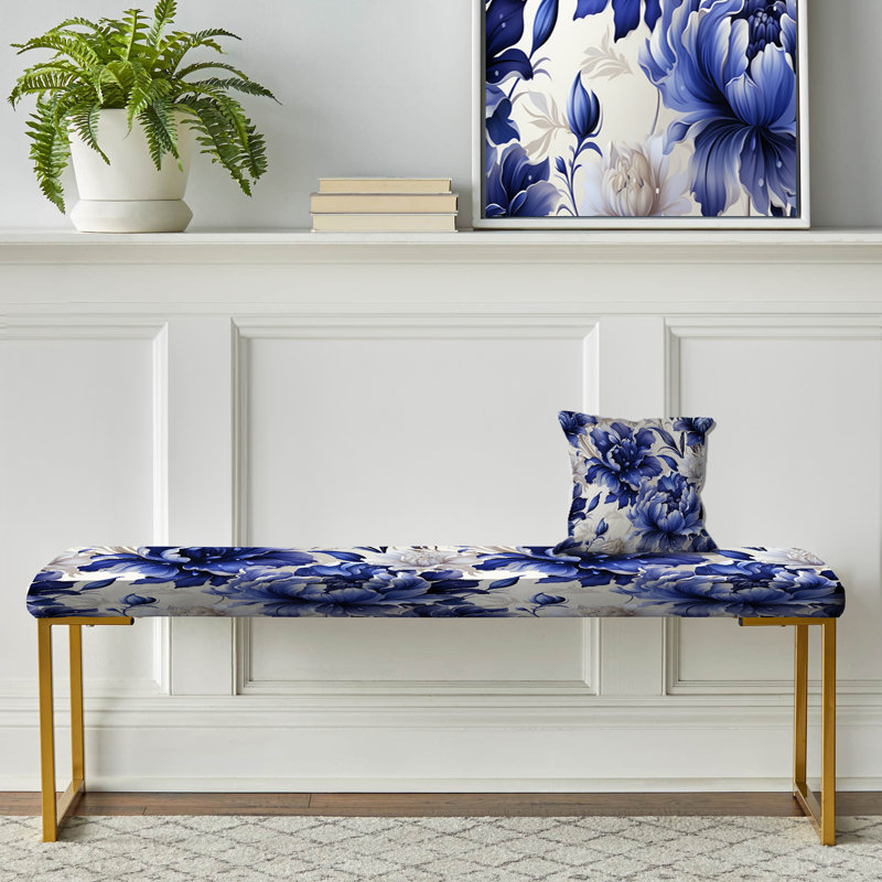 Motif damassé cobalt bleu victorien - Banc rembourré floral doré