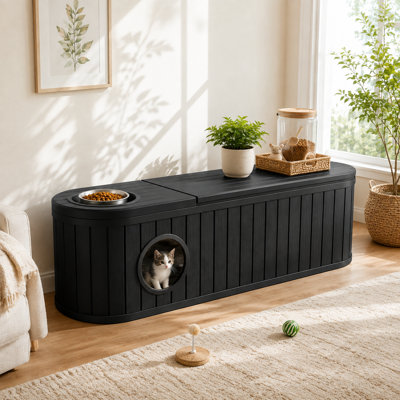 Meuble à litière 3 en 1 pour chat – Bac à litière dissimulé, couchage confortable et rangement, tout-en-un