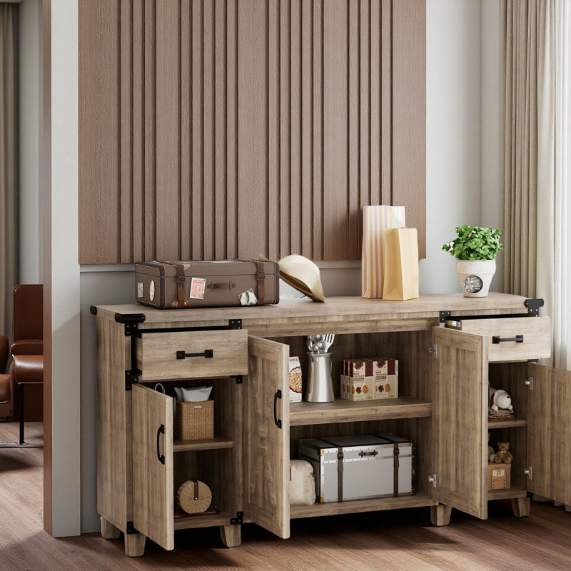 Buffet Farmhouse avec tiroirs et portes - Console de rangement extra longue pour la salle à manger, le salon ou la cuisine, finition en bois résistant aux égratignures, brun