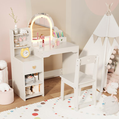 Ensemble de coiffeuse et chaise pour enfants, coiffeuse avec étagères ouvertes, crochet, tiroir, double armoire ouverte, porte-stylo, ensemble de jeu d'imitation blanc