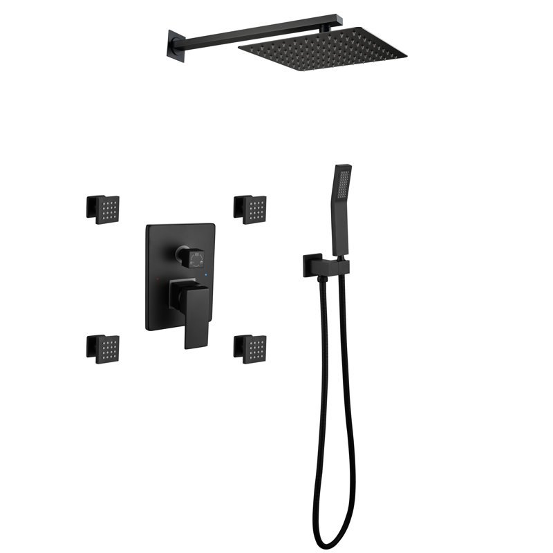 Ensemble de douche noir mat de 10 pouces avec pomme de douche carrée, douche à main, jets de corps et 3 salles de bain à soupape d'équilibre