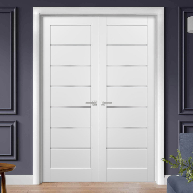 Portes françaises blanches en verre givré Quadro avec trousse de quincaillerie d'installation, 48 po x 80 po