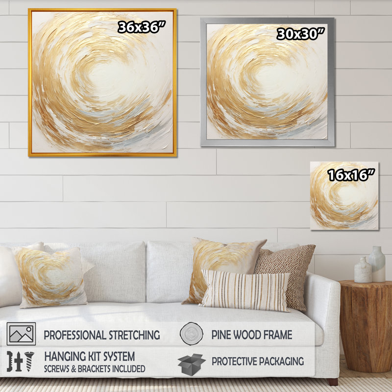 Vortex doré doux et doré - spirales abstraites, art mural, Toile tendue, H 36 po x l 36 po x P 1,5 po