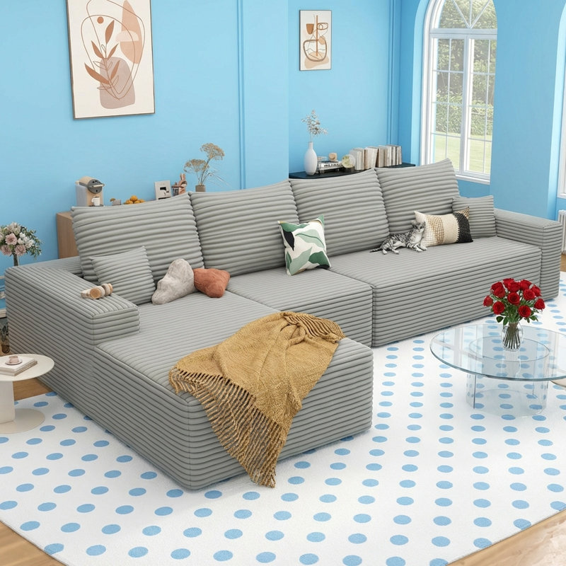 Canapé modulaire en forme de L de 135 po pour salon, canapé modulaire à assise profonde, ensemble de fauteuils en velours côtelé avec mousse à mémoire de forme moelleuse pour le salon, aucun assemblage requis