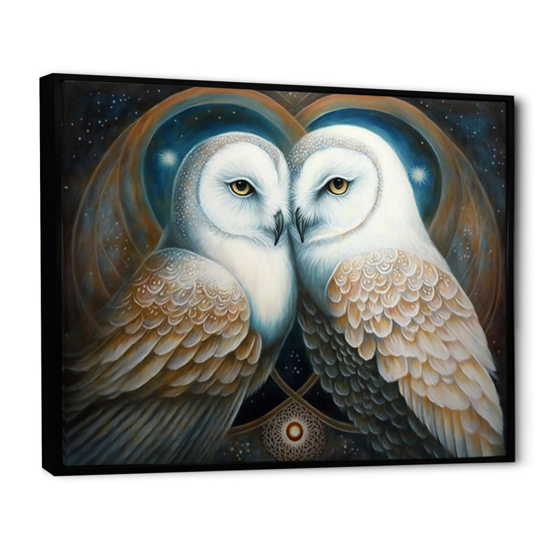 Hiboux blancs amoureux sur toile, 16" H x 32" W, Cadre flottant noir