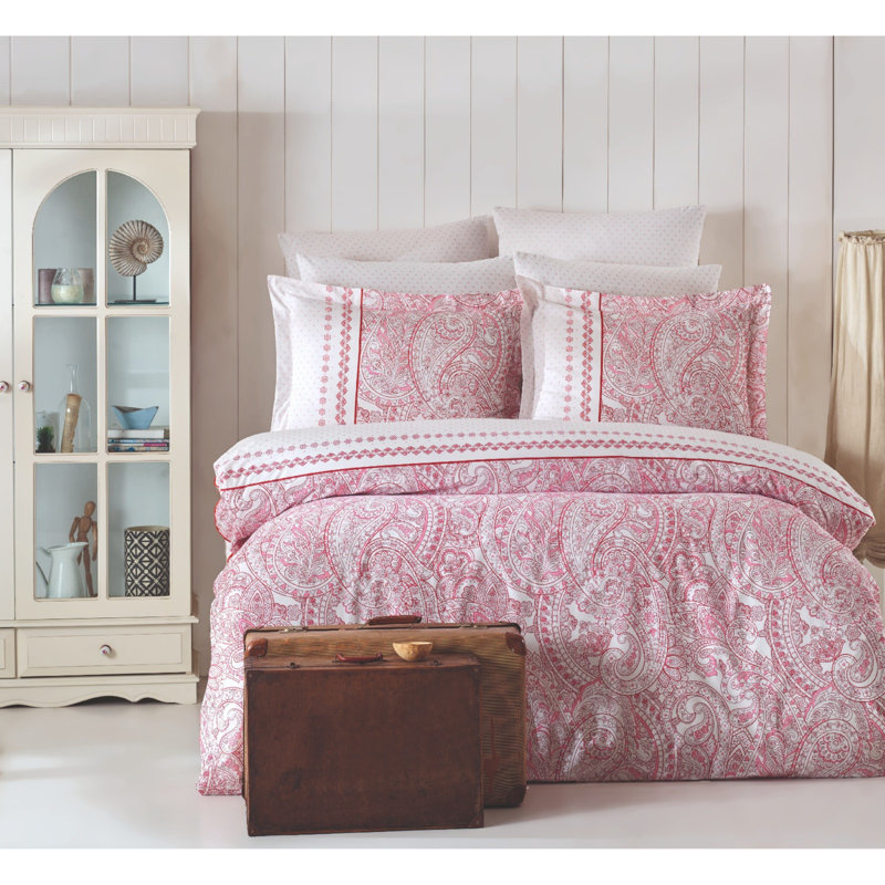 Ranforce King Quilt Cover Set, 100% Cotton, 98.4 x 78.7 inches | Includes 2 Pillowcases 19.7 x 31.5 inches | Machine Washable, 140 Thread Count, Button & Envelope Closure, Elegant Pink & White Design for Luxurious Comfort