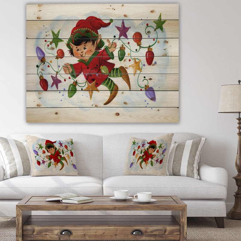 « jolies elf avec lumières de noël », peinture, H 30 po x l 40 po x P 1,5 po, Bois