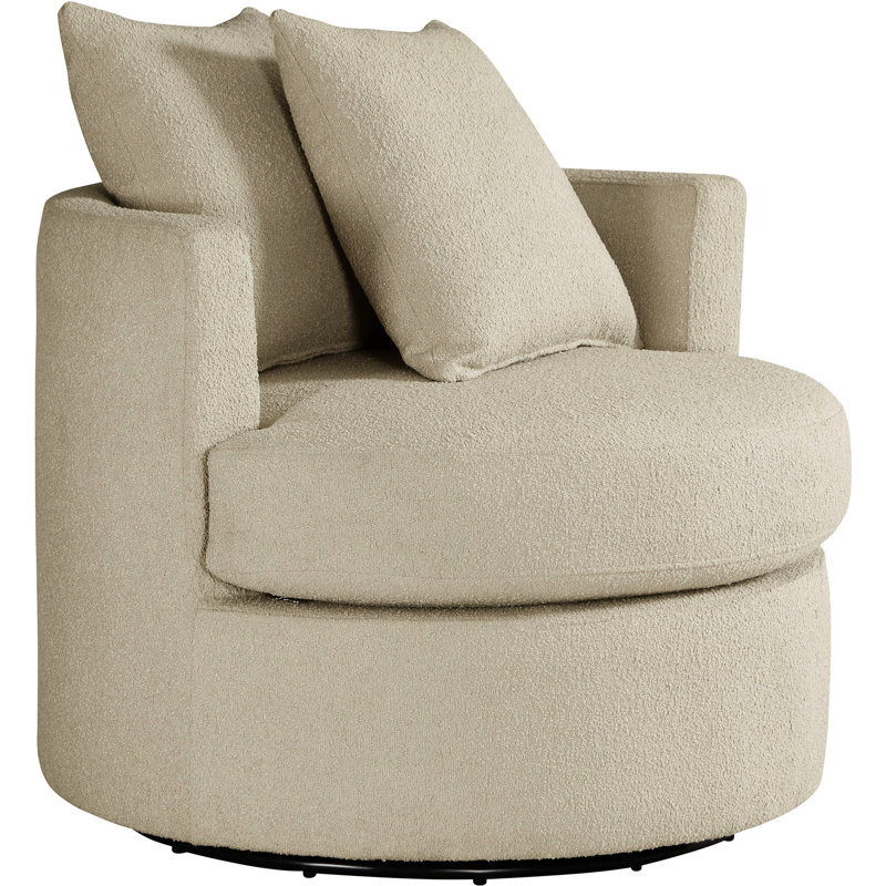 Fauteuil d'appoint pivotant rembourré de couleur chameau, avec ressorts ensachés et accoudoirs hauts pour un revêtement relaxant, avec rembourrage en mousse