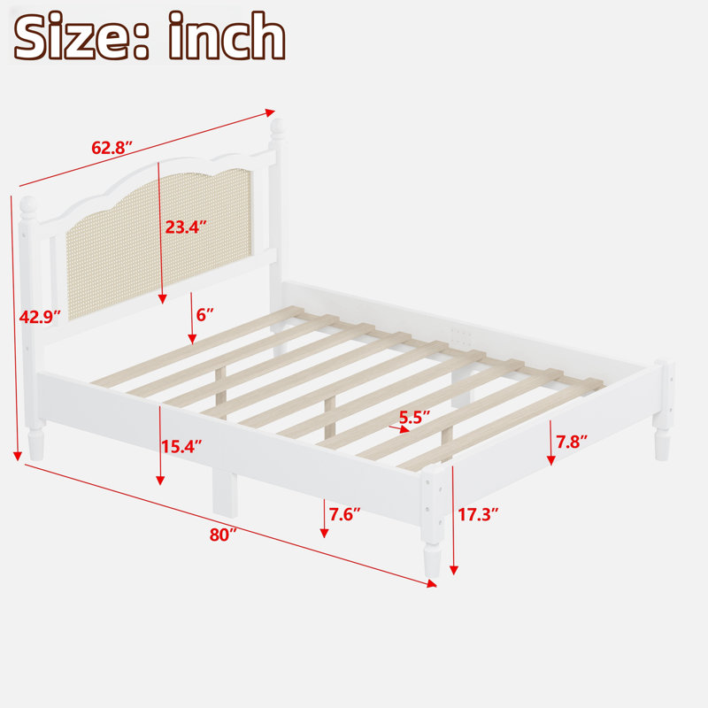 Queen White Pine Wood Platform Bed with Rattan Headboard