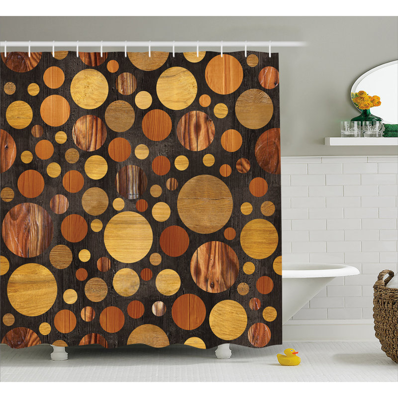 Rideau de douche à cercles abstraits en bois brun Hardy + crochets, 72"H x 36"W