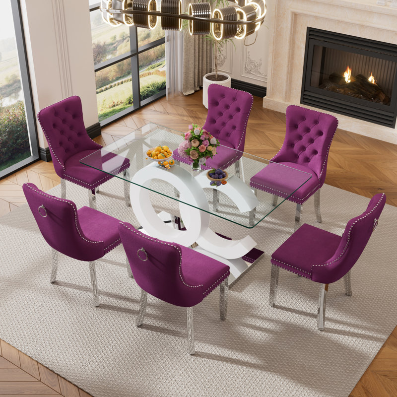 Ensemble de salle à manger rectangulaire L 63 po x l 35,43 po Layvonne, Blanc / Blanc, Mauve