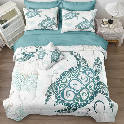 Sea Turtle Bedding Set 8 Pieces Bed in a Bag Queen Size Teal Blue Ocean Style Sea Turtle Comforter Set for Teens and Adults Summer Vacation Coastal Bedding Set