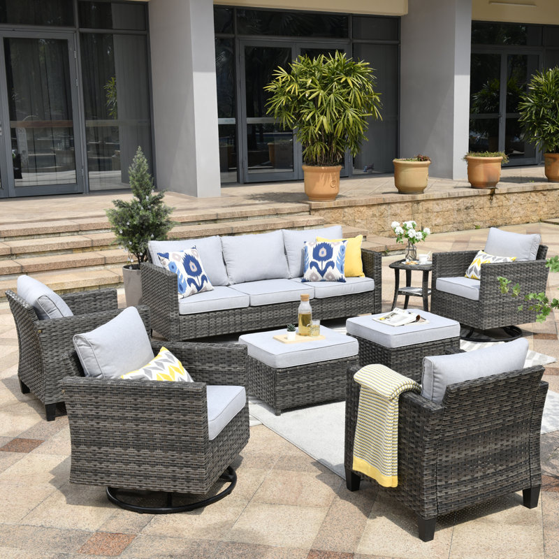 Premium All-Weather Wicker 9 - Person Patio Conversation Set with Cushions, Grey