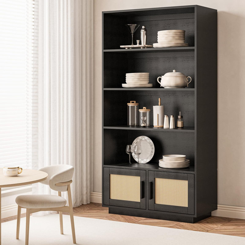 Boho Bookcase With Rattan Doors, 5 Tier Bookshelf, Black