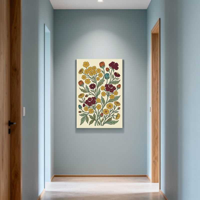 Motif floral de plantes et de fleurs avec des fleurs jaunes et rouges, H 40 po x l 28 po