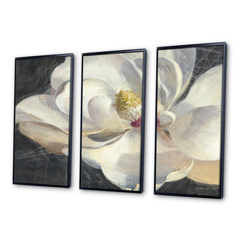 «Vivid White Magnolia IV - Shabby Elegance», ensemble de 3 toiles encadrées, Noir, H 28 po x l 36 po x P 1 po