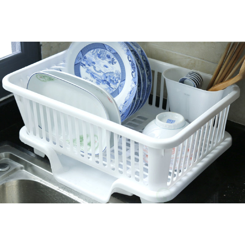 White Heavy Duty Plastic Dish Drying Rack with Utensil Cup