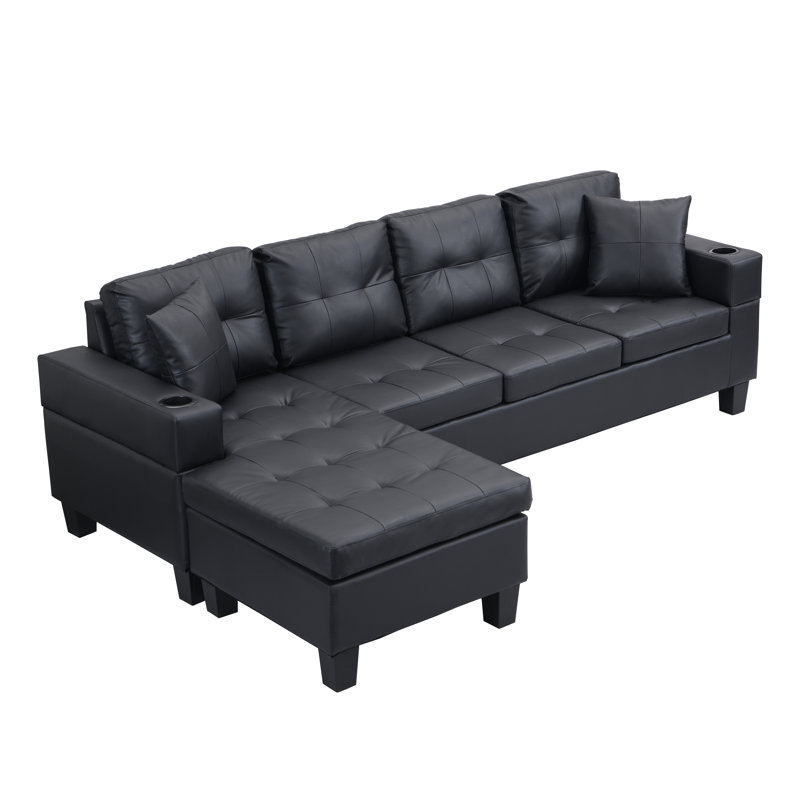 Ensemble de canapé modulaire en L avec méridienne, canapé d'angle 4 places en similicuir noir