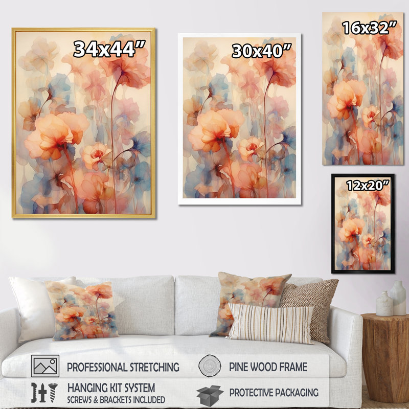 «Blue and Orange Geranium Collage Expression I», reproduction sur toile, Cadre flottant blanc, H 40 po x l 30 po x P 1,5 po