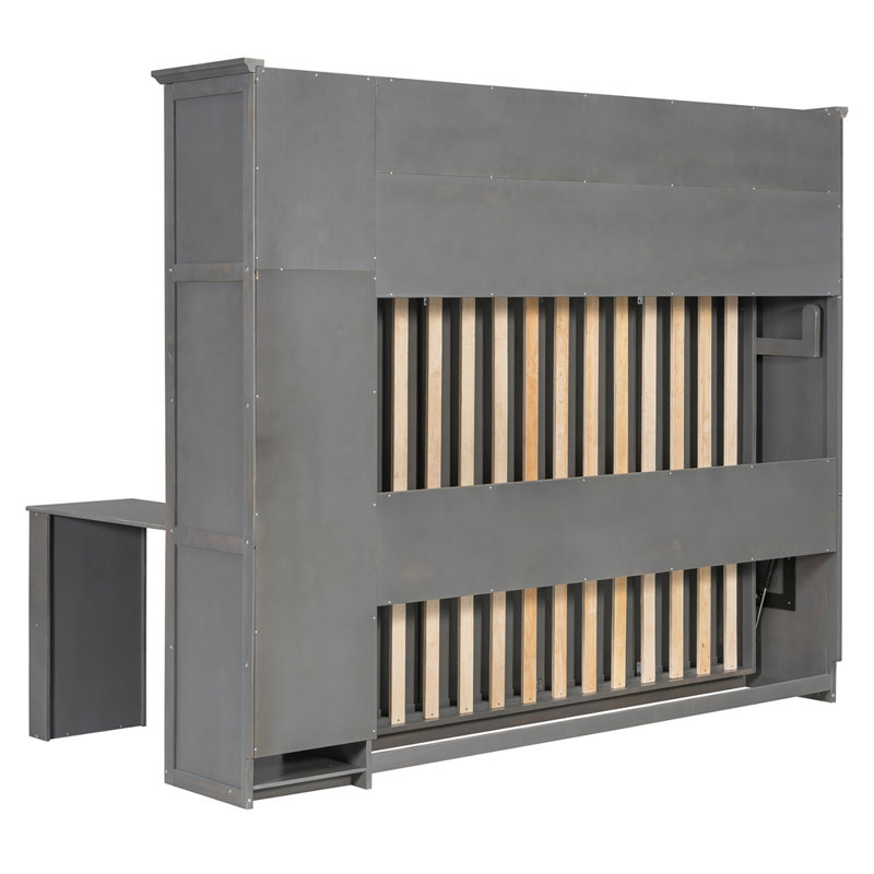 Lit escamotable double avec bureau et armoires en rotin, lit mural peu encombrant pour le bureau personnel, Gris antique