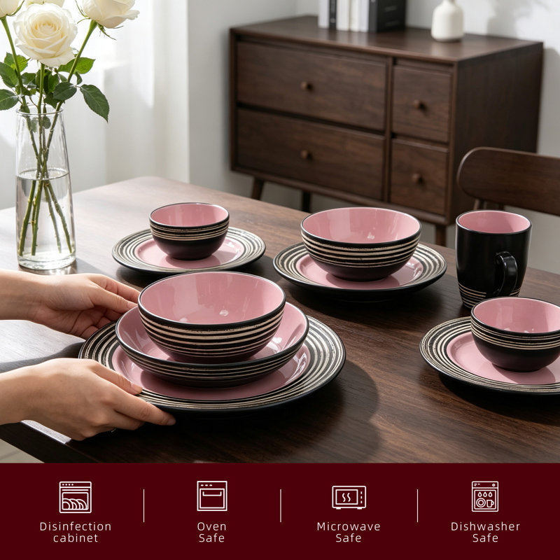  HomeVSS 48-Piece Tree Bark Stoneware Dinnerware Set, Service for 8, Rose