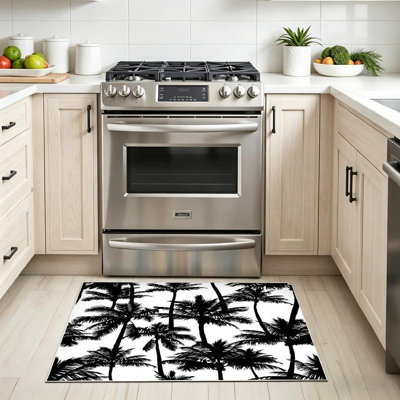 Tapis blanc lavable à la machine, palmiers noirs dessinés pour l'intérieur