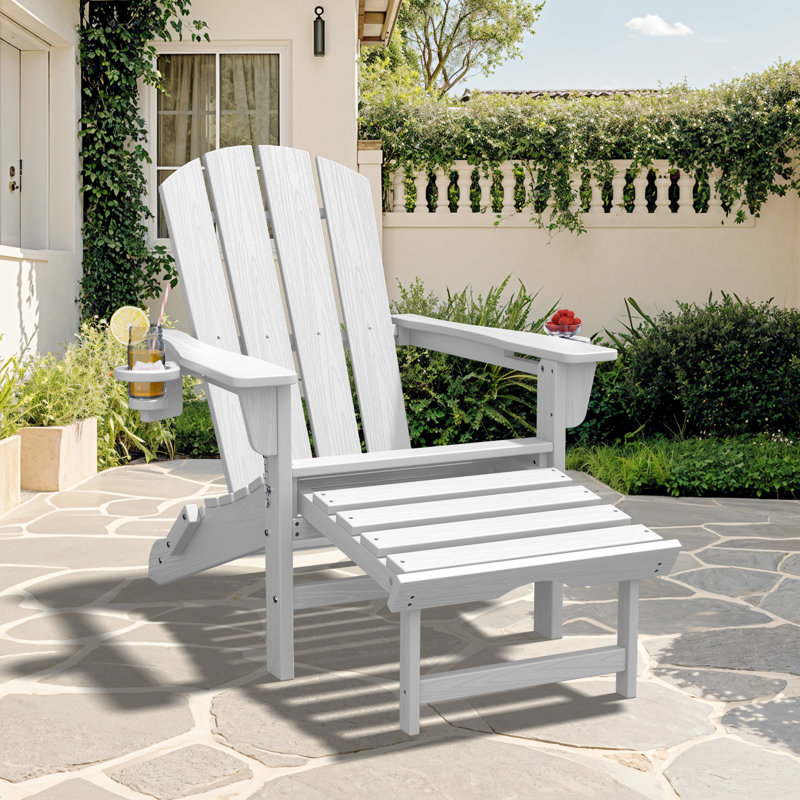 Outdoor HDPE Folding and Rocking Adirondack Chair With Double Cup Holder and Ottoam , White