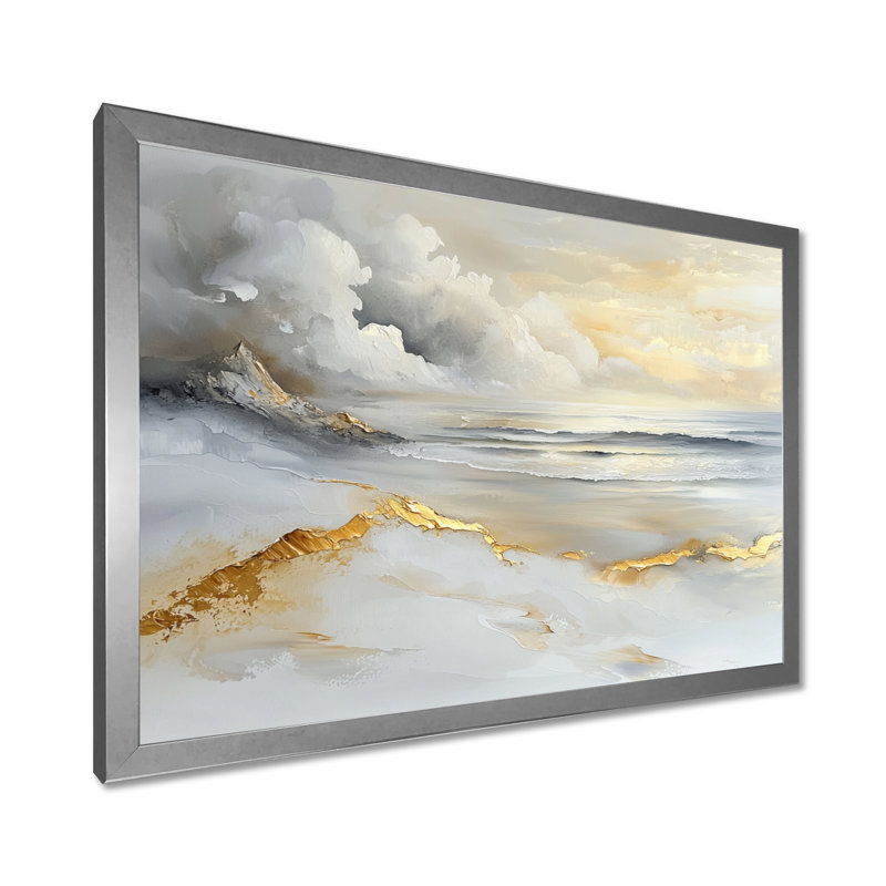 Minimalisme, plage dorée pure II - plage côtière, art mural large, H 24 po x l 32 po, Avec cadre, Argent argent