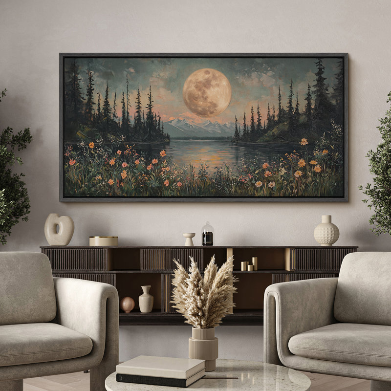 «Full Moon Night Serene Landscape», impression sur toile encadrée, H 30 po x l 60 po, Noir, noir, noir, noir