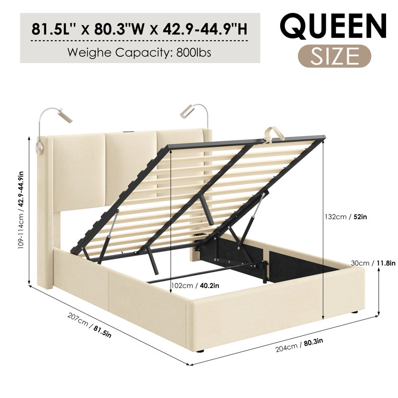 Reman Lift Up Storage Upholstered Platform Bed, Linen Upholstered Bed Frame With 2 Reading Lights