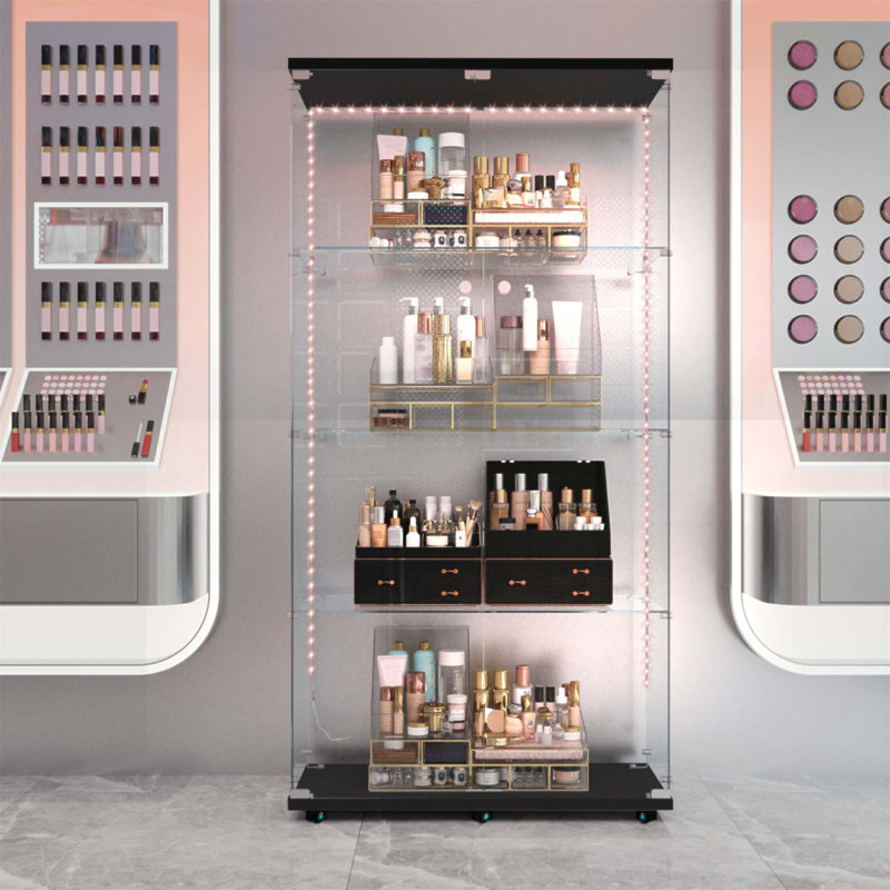 Vitrine en verre trempé avec bande lumineuse à DEL, serrure et miroir arrière, parfaite pour le rangement et la présentation modernes