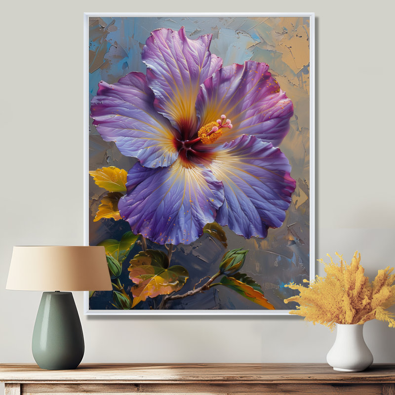 Hibiscus mauve, jaune et violet, Toile encadrée flottée blanche, H 40 po x l 30 po x P 1,5 po