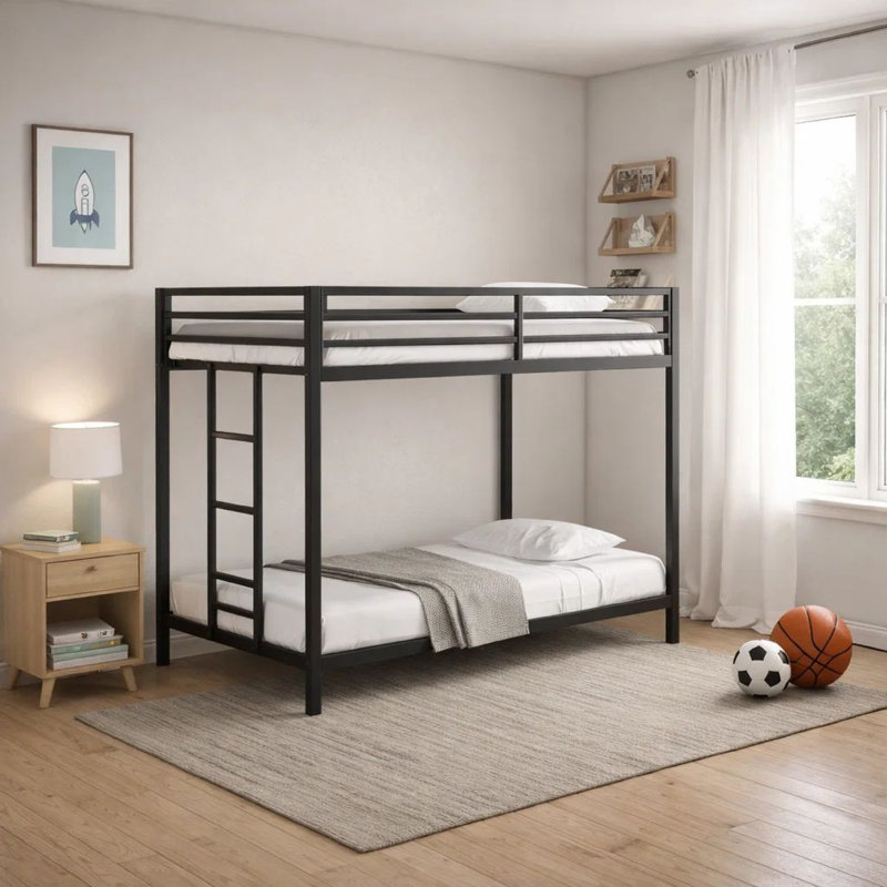 Ady Low Profile Twin Over Twin Bunk Bed With Ladder, Black Metal Frame, Black