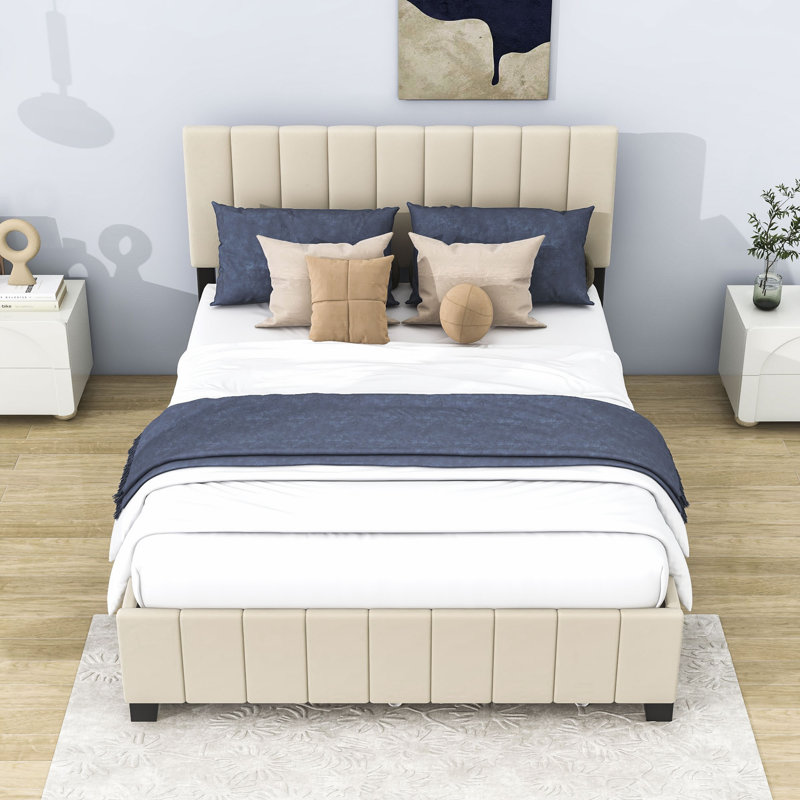 Lit plateforme tapissier Seemab avec 2 tiroirs, lit gigogne et lattes, Beige