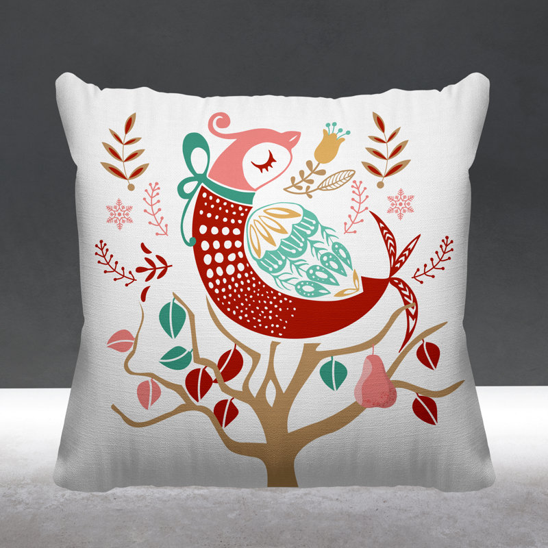 Coussin intérieur / extérieur scandinave Patridge On A Pear Tree, Rouge, L 19 po x H 19 po