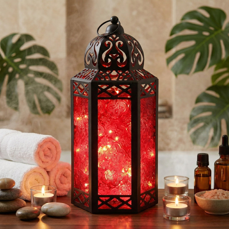 Lanterne décorative marocaine avec lumières DEL, Noir et rouge, H 12 po x l 5,75 po x P 4,4 po