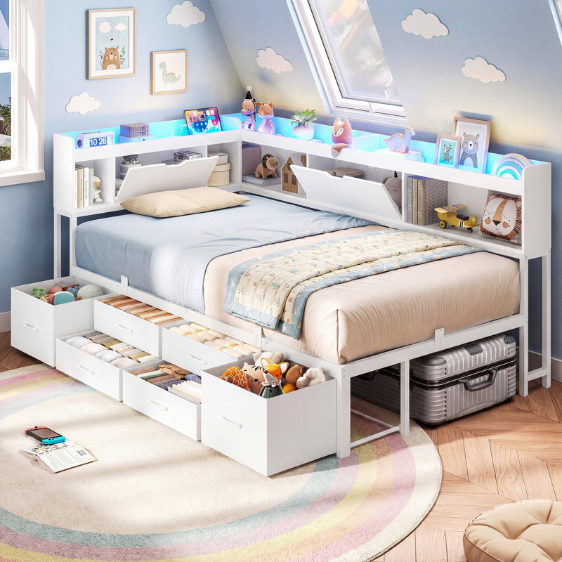 Corner Daybed Frame with 6 Drawers and Storage Bookcase Daybed with Charging Station and LED Lights, White, Twin