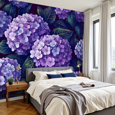 Papier peint adhésif chinois à motif de fleurs d'hortensia mauve à motif de feuilles vertes riches H 100 po x l 144 po, papier peint adhésif amovible en PVC pour le salon de la chambre à coucher