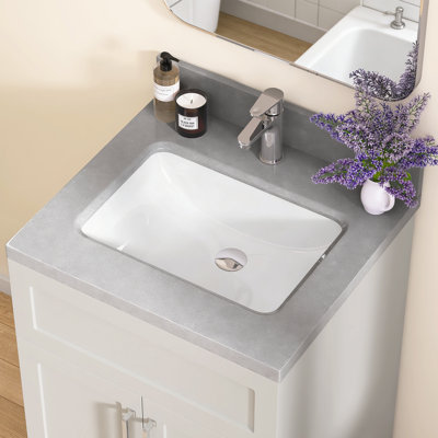 Évier de salle de bain rectangulaire encastré en céramique 24 po x l 22 po avec comptoir en céramique gris Dosseret en H et trou de robinet pré-percé simple