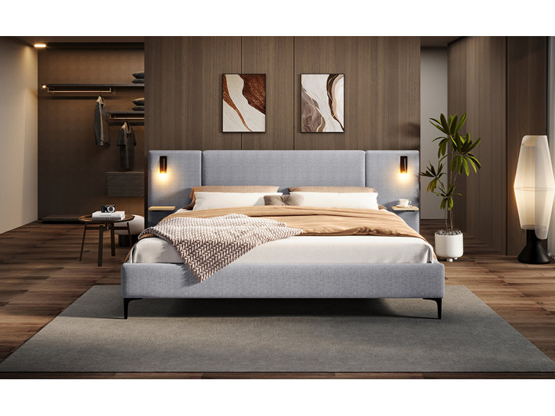 Lit tapissier chic avec lumières et tablettes intégrées, gris, grand, Gris, Grand lit