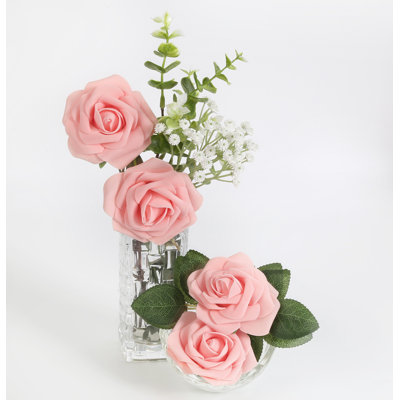 50 Pcs Faux Foam Roses 3.14In Artificial Roses Fake Roses With Stems DIY Wedding Bouquets Baby Shower Decorations Flower Arrangement Party Home Decor