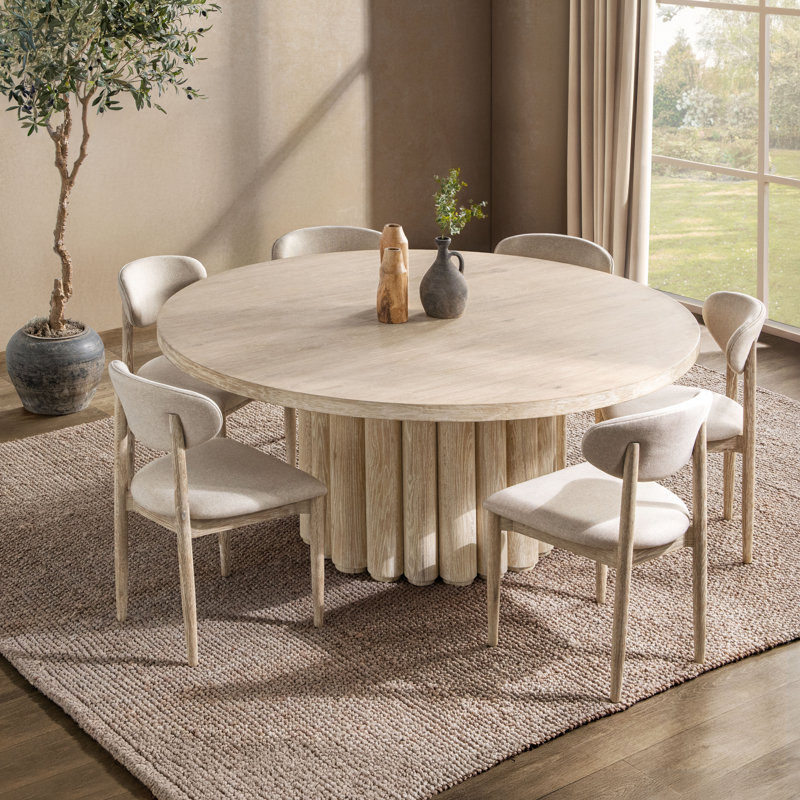 Tiber 7-Piece Oak Veneer Dining Table Set, Cream/7 Pieces: Table, 6 Chairs