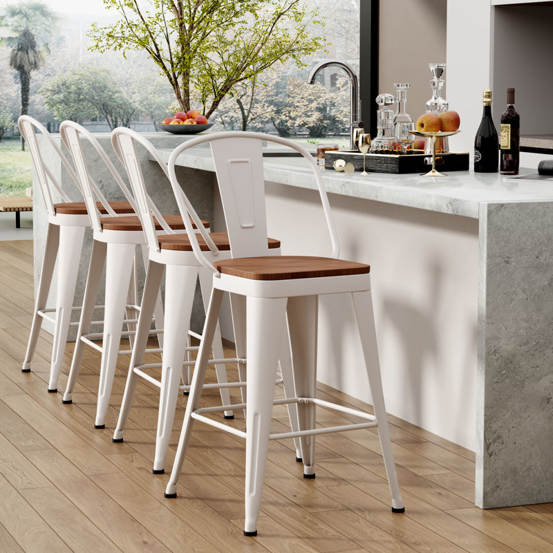 High Back Metal Counter And Bar Stools, Bar Stool (30" Seat Height), Cream