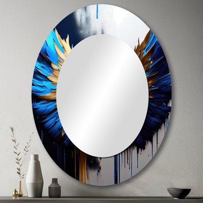 Grand ange bleu et doré avec ailes d'ange I - Grand miroir mural en métal