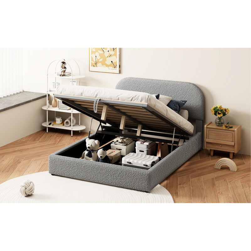 Gorgeous Upholstered Platform Bed With Hydraulic Storage Option - Grey Fleece And