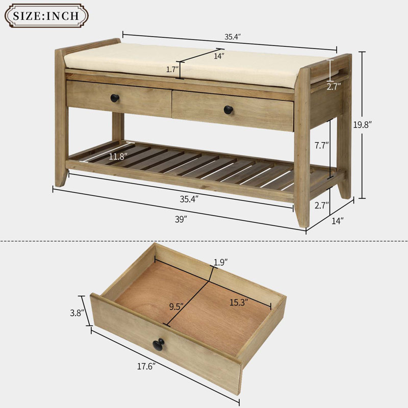Meirav Shoe Rack with Cushioned Seat and Drawers, Multipurpose Entryway Storage Bench, Grey Wash, Solid Wood