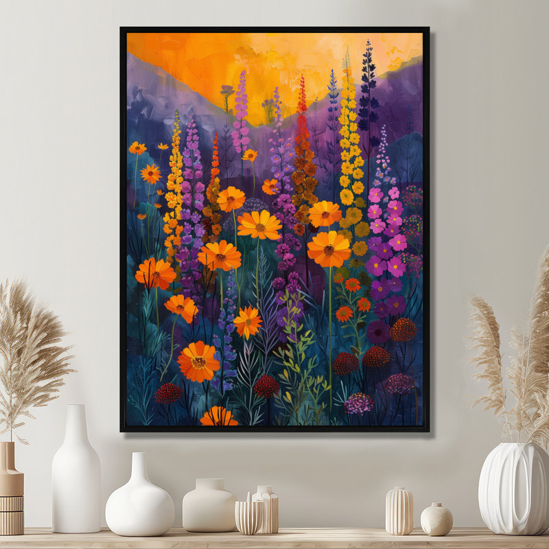 Jaune, mauve, vibrant, symphonie, fleurs sauvages - Art mural fleurs sauvages, Toile avec cadre flottant noir