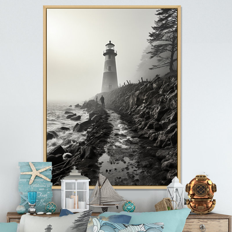 Phare Bansemer noir et blanc avec horizon brumeux, H 20 po x l 12 po x P 1 po, Cadre naturel flottant