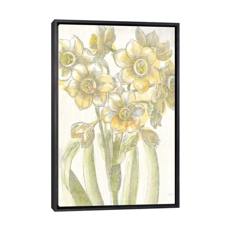 «Belle Fleur Jaune IV» par Sue Schlabach - reproduction imprimée, Toile avec cadre noir patiné, Aucun mat